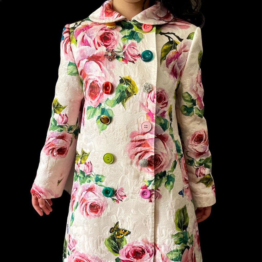 Dolce & Gabbana blush pink rose double silk blend breasted girls coat.
